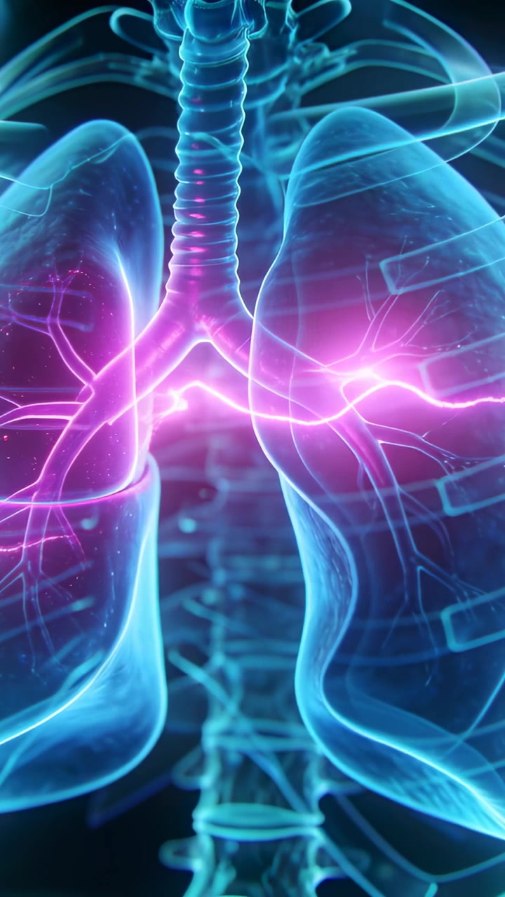 Video verticale: Polmoni blu pulsanti che muovono un impulso rosa dal bronco sinistro attraverso le vie aeree per una diagnosi 3D