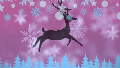 Christmas-tree-icons-over-silhouette-of-reindeer-running-against-snowflakes-on-purple-background