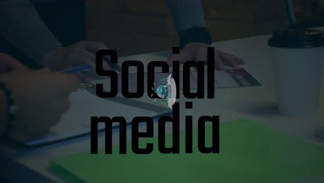 animation of social media and earth day over hands of businesspeople working