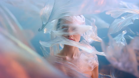 ethereal woman enveloped in flowing translucent fabric
