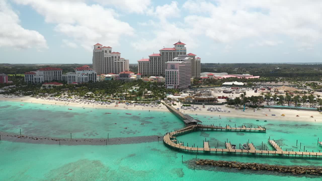 Aerial View of Pier in Goodman Bay, Nassau, Bahamas. Beachfront and Baha Mar Resort in Background