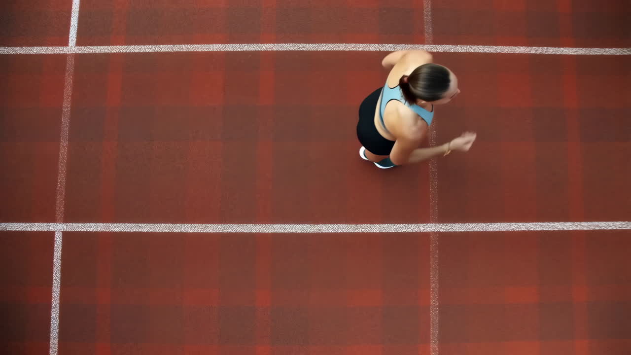 Overhead view of a woman running on a track