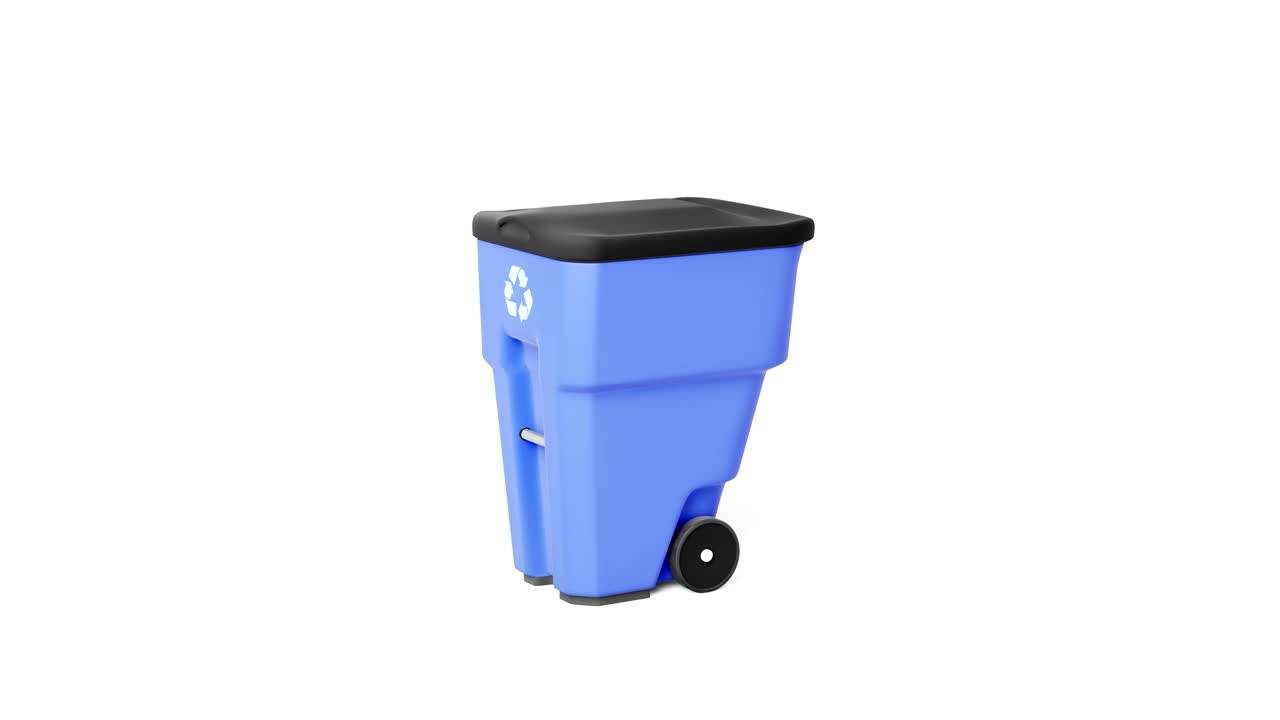 Blue plastic garbage bin with recycling logo.