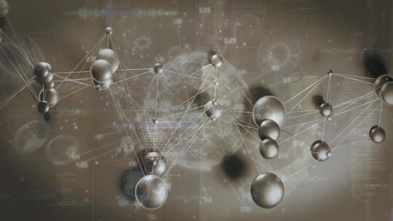 회색 배경 위에 연결 네트워크와 데이터 처리의 애니메이션