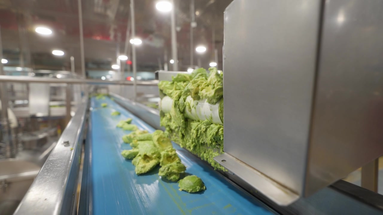 Avocado pulp transported on conveyor belt inside large scale food production facility