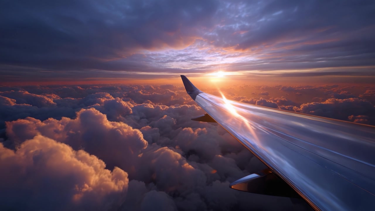 Vista aerea mozzafiato di nuvole serene al tramonto da un finestrino di un aereo con un'ala scintillante che riflette colori infuocati nel cielo