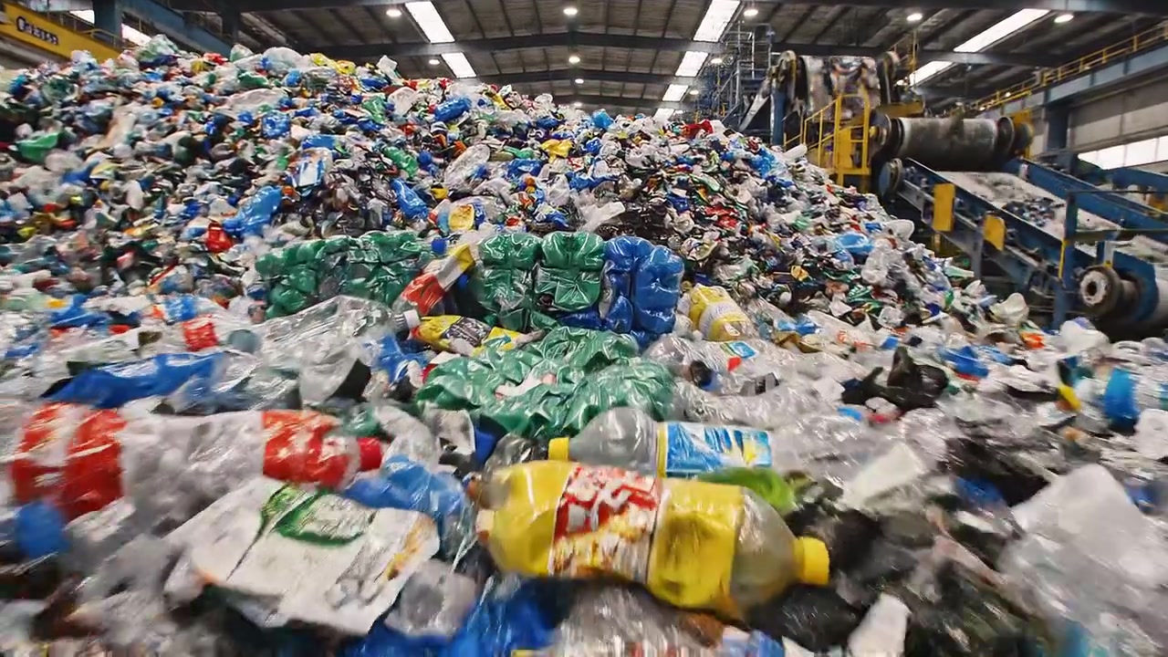 Huge pile of sorted plastic bottles at recycling plant facility