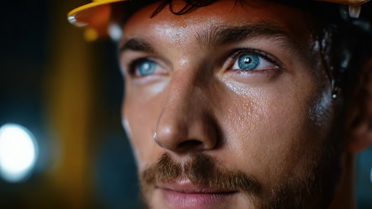 Focused Worker with Construction Helmet: A Close-up Look into the Determination and Grit of a Man in a Protective Hard Hat, Capturing Intense Blue Eyes and the Spirit of Hard Work
