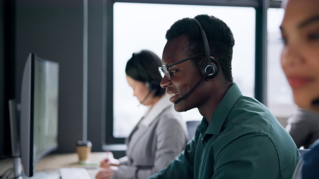 Call center, communication and business people