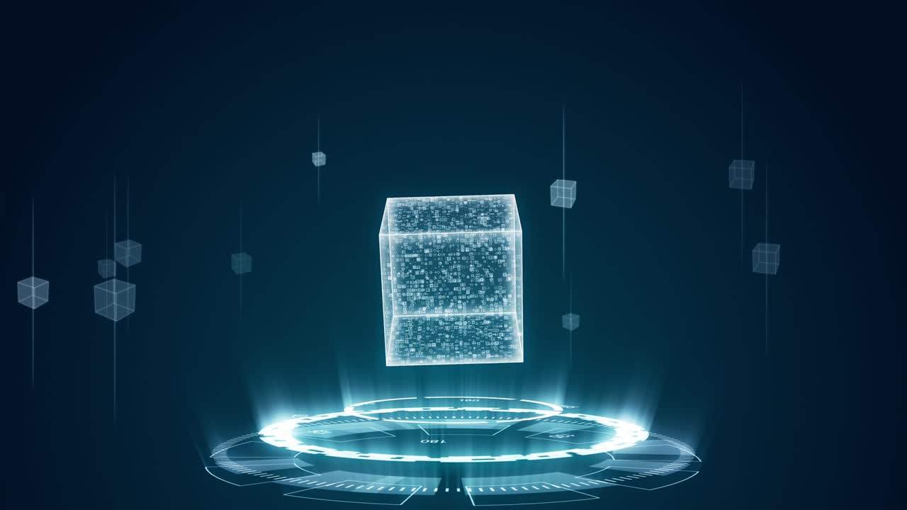 Motion graphic of Blue digital cube with futuristic circle rotation and cube icon levitation on abstract background technology and metaverse concept
