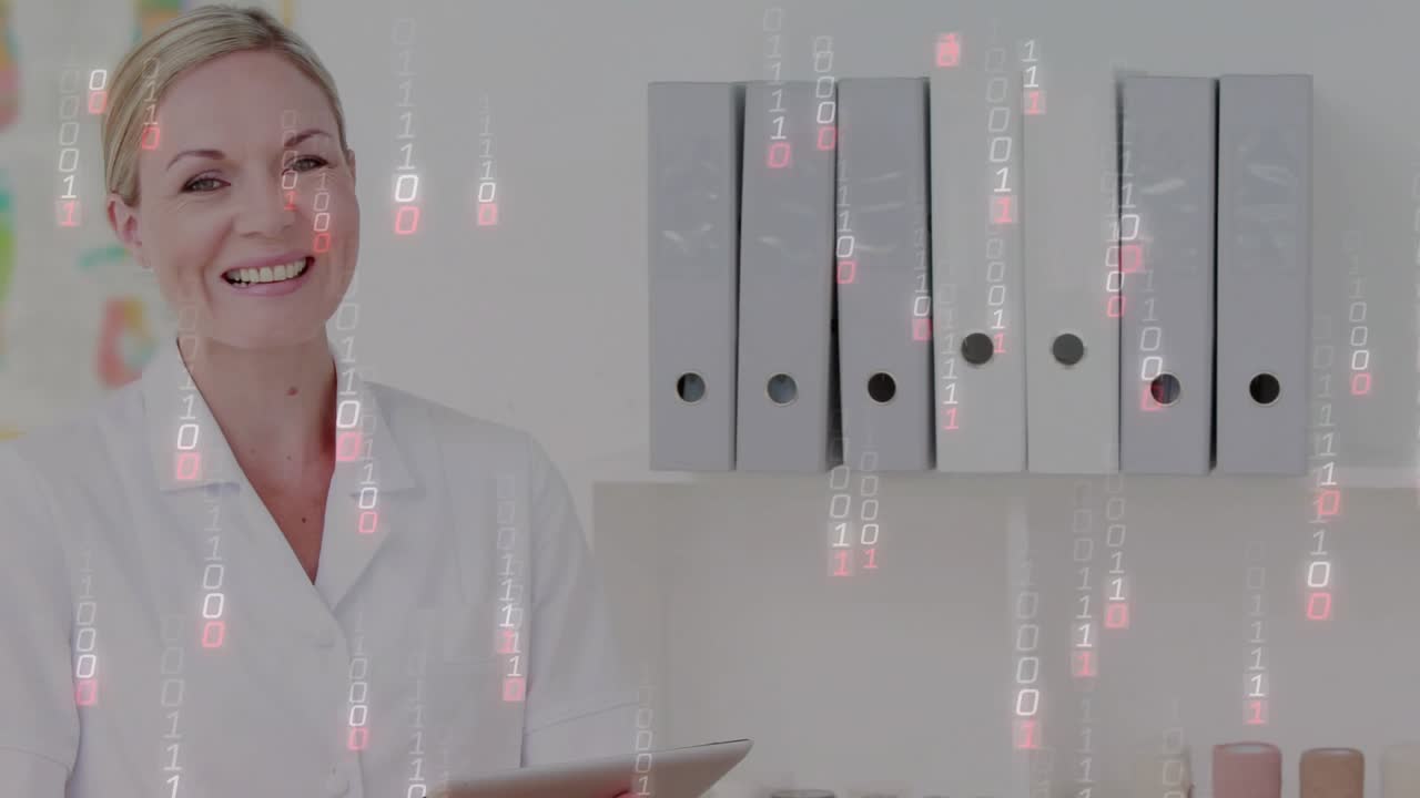 Clinician tapping tablet, initiating patient data update, causing falling binary digits over clinic