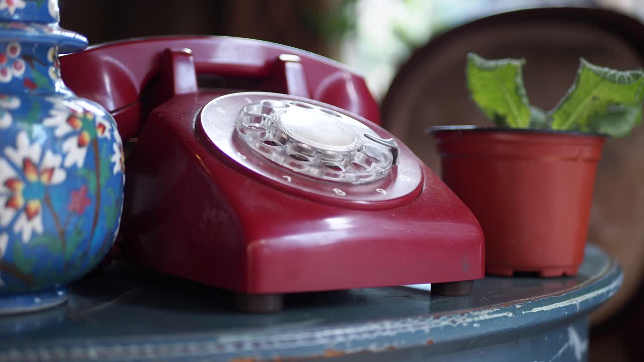 Telefono a disco vintage e vaso decorativo