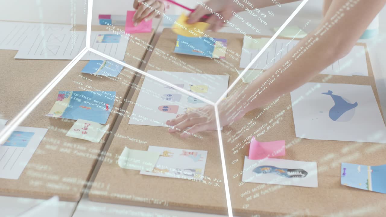 Team writing sticky notes, organizing and aligning cards for planning, overlay appearing over table