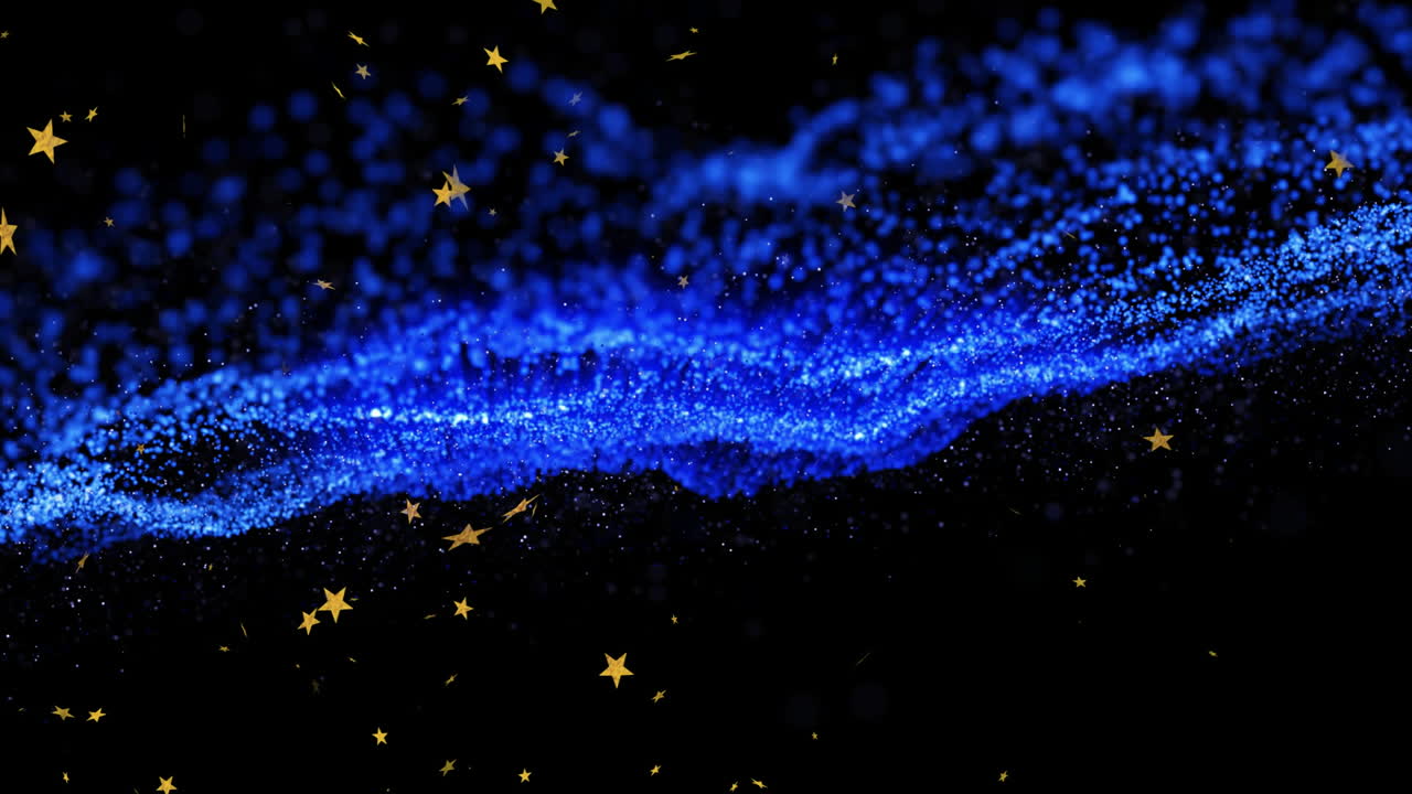 Swirling wave of bright blue particles moving across dark space, scattering golden star shapes