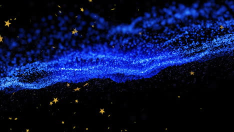 swirling wave of bright blue particles moving across dark space, scattering golden star shapes