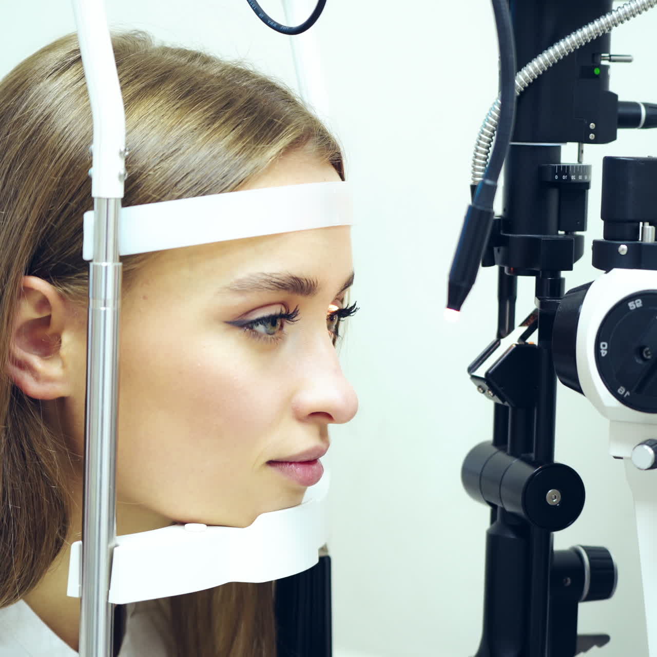 New medical device checking patient's eyes. Beautiful woman checks her eyesight at a doctor appointment. Ophthalmology concept, optometry.