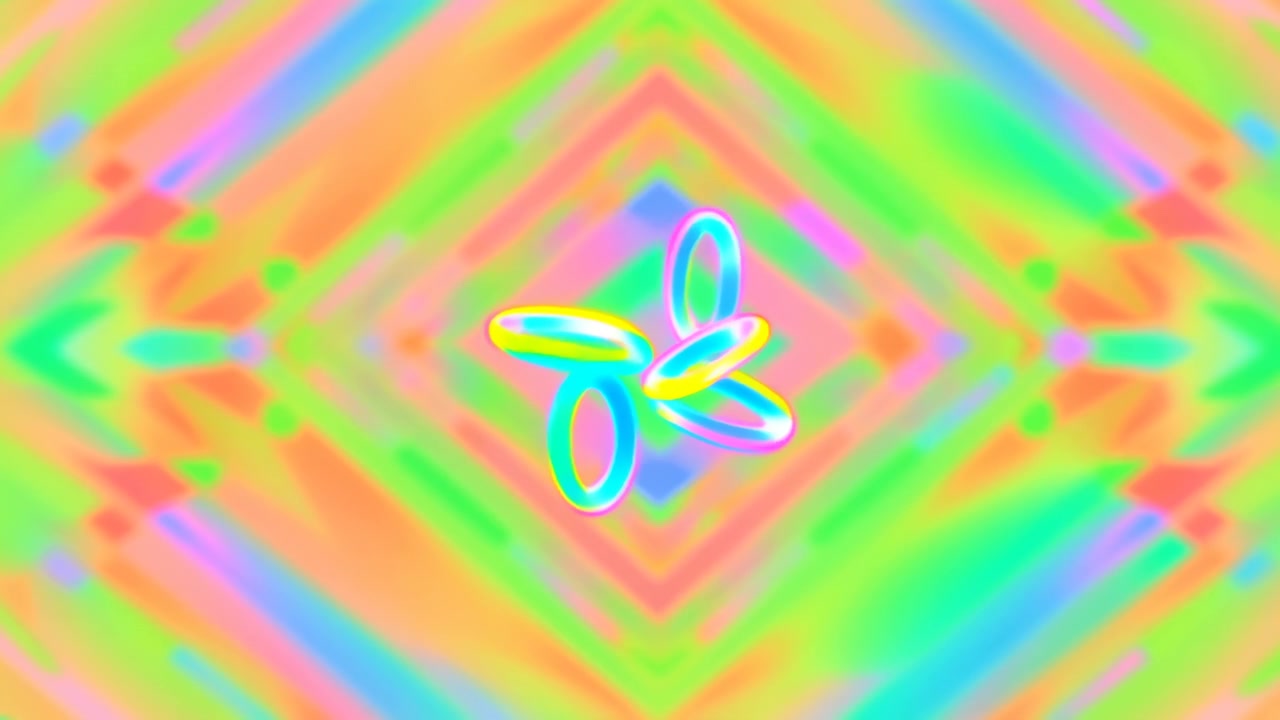 Caleidoscopio arcobaleno psichedelico con petali fluttuanti, tonalità neon iridescenti e simmetria a diamante, lento.