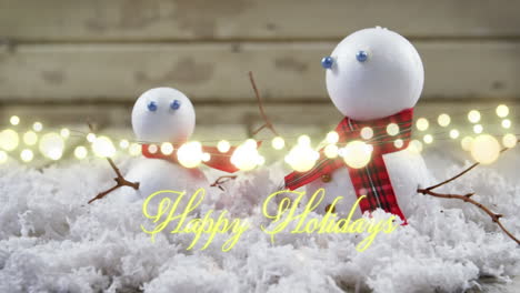 animation of text, happy holidays, in yellow, over string lights and seasonal snowman decorations