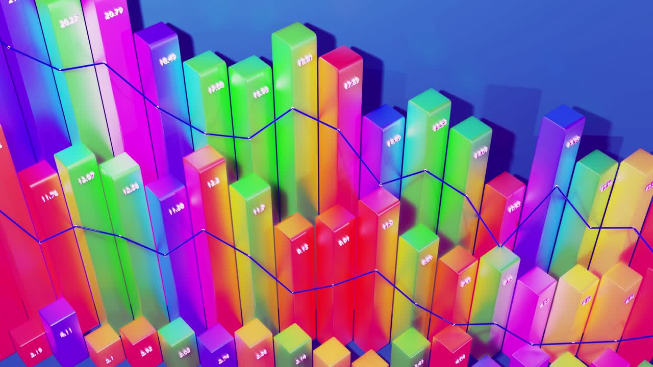 Abstract looped infographics background with multicolored 3d bars on blue bg. Downgrade graph from columns. Economic background with copy space in 4k. 3d bars as chart of statistic data.