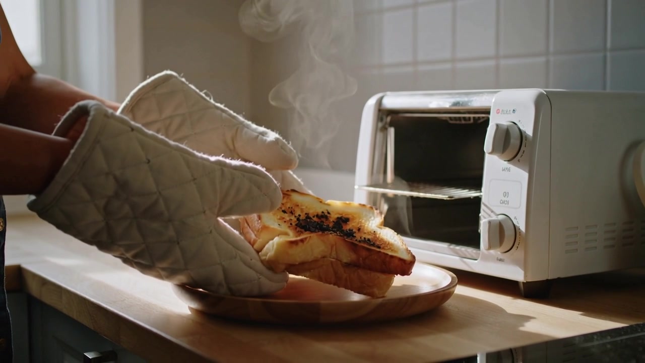 Il timer suona, mani con guanti da forno trapuntati estraggono il toast dal tostapane sul bancone della cucina per mangiarlo.