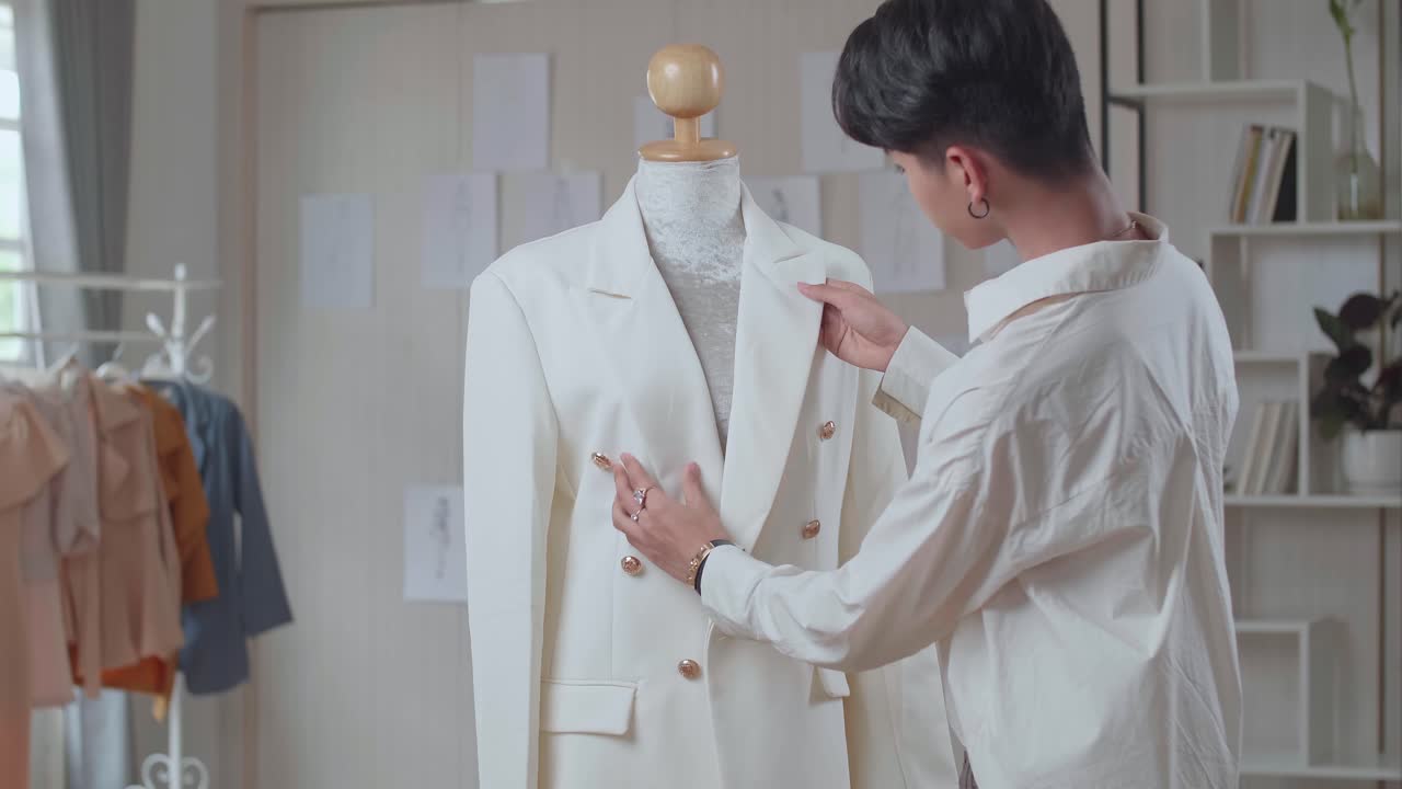Young Asian Man Fashion Designer With Clothes On Mannequin Model