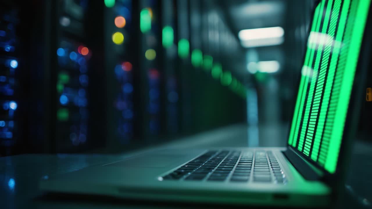 En moderne bærbar computer, der viser datavisualiseringer i et højteknologisk serverrum omgivet af farverige LED-indikatorer til netværksovervågning og -analyse.