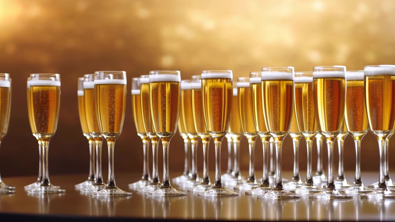 View gradually moves closer across repeated glassware as fine bubbles rise through amber liquid, while bright highlights, soft reflections, and blurred golden light frame orderly rows.