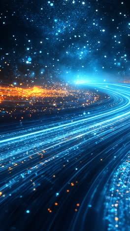 a colorful, starry sky with a blue line that represents a road. the road is surrounded by a bright orange line that gives the impression of a glowing, illuminated path