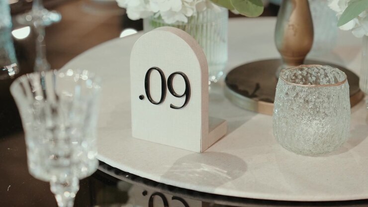 Arched table number nine sign beside crystal glassware and a votive holder on a set table