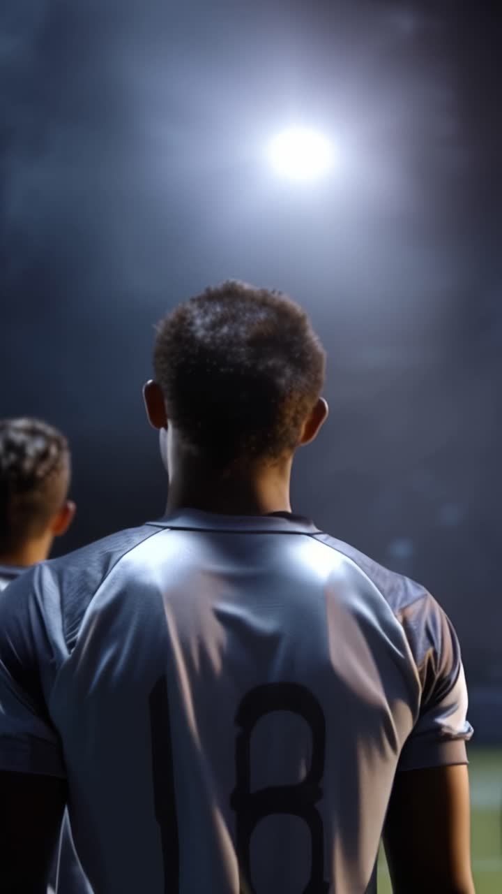 Momento ispiratore di attesa: un gruppo di atleti visti da dietro, pronti ad entrare in un'arena illuminata a giorno, uniti e concentrati sulla loro prossima sfida e competizione.