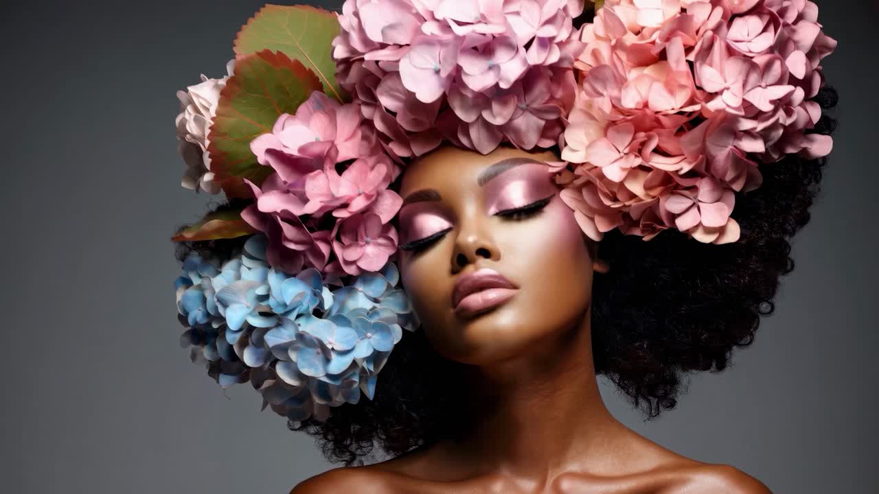 Um vídeo vibrante e artístico de uma mulher com um cocar floral, filmado de um ângulo frontal