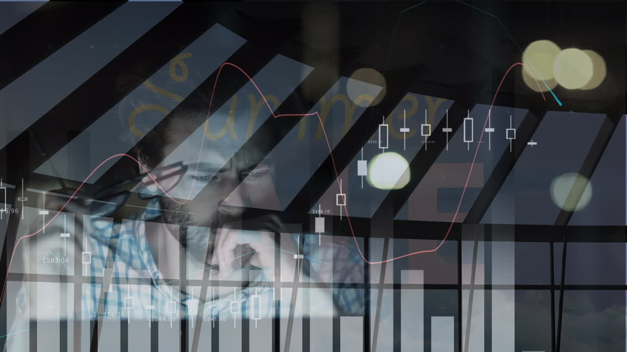 Animation of financial data processing over caucasian businessman and windows