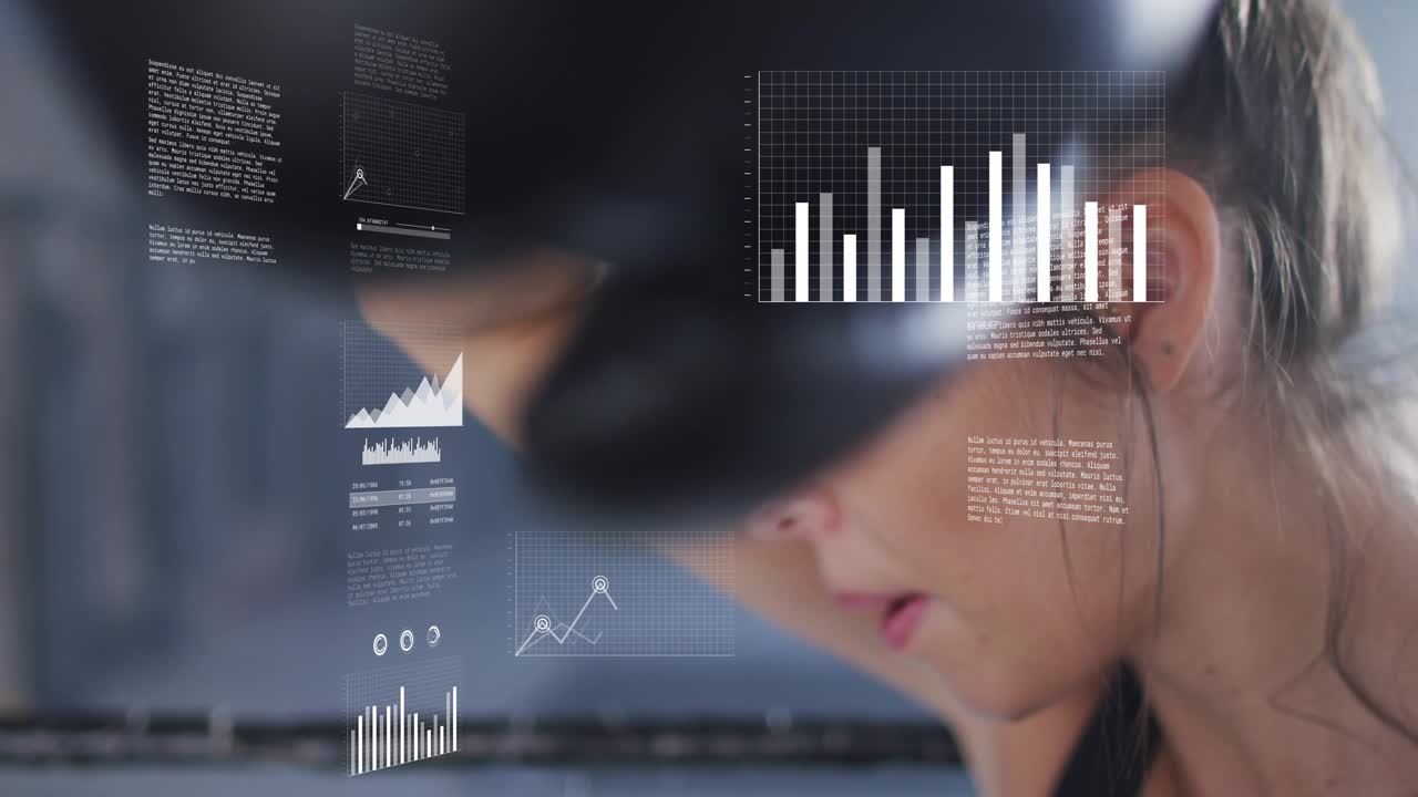 Woman training facing left and breathing causing gym charts moving over face and tracking results
