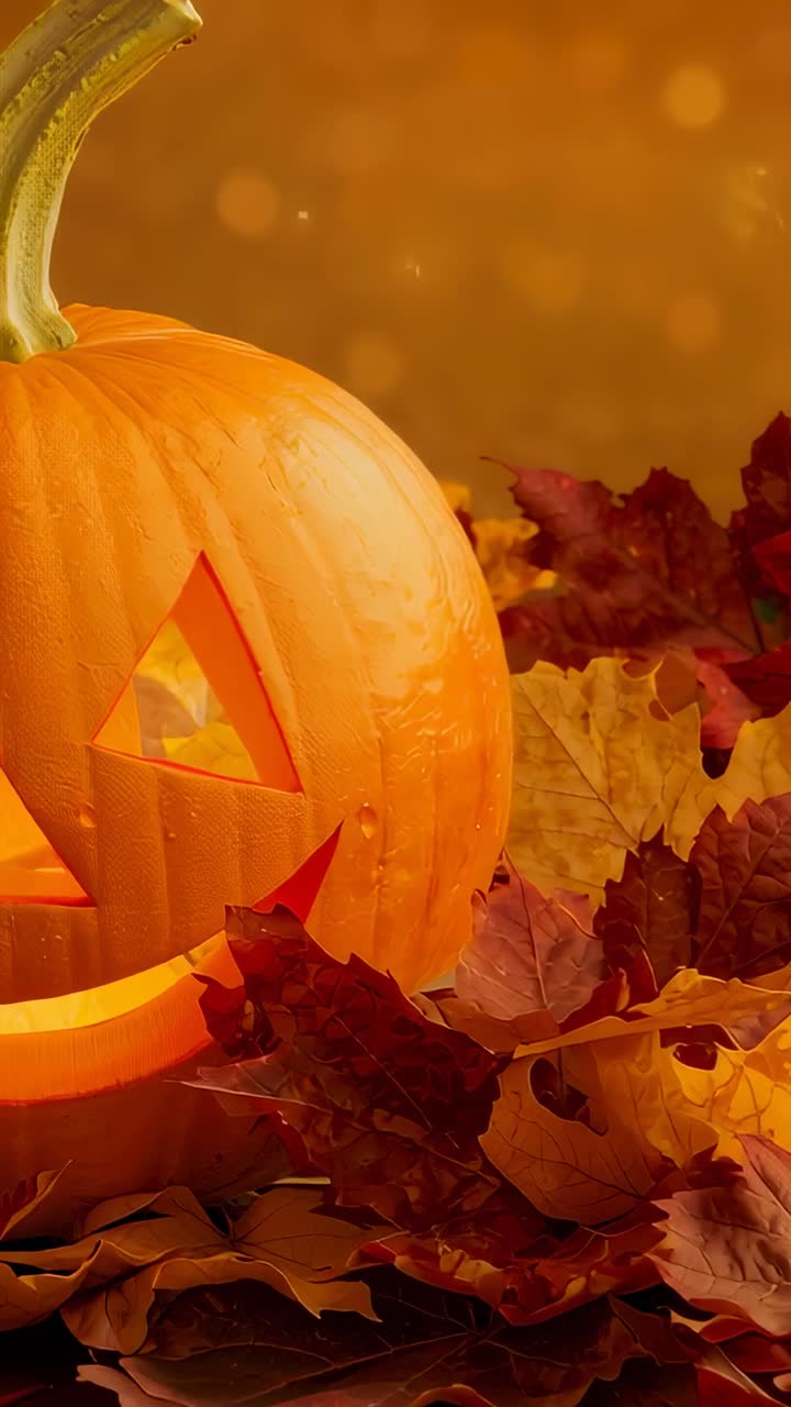 Vertical video: Camera moving over autumn leaves following flickering light inside carved pumpkin