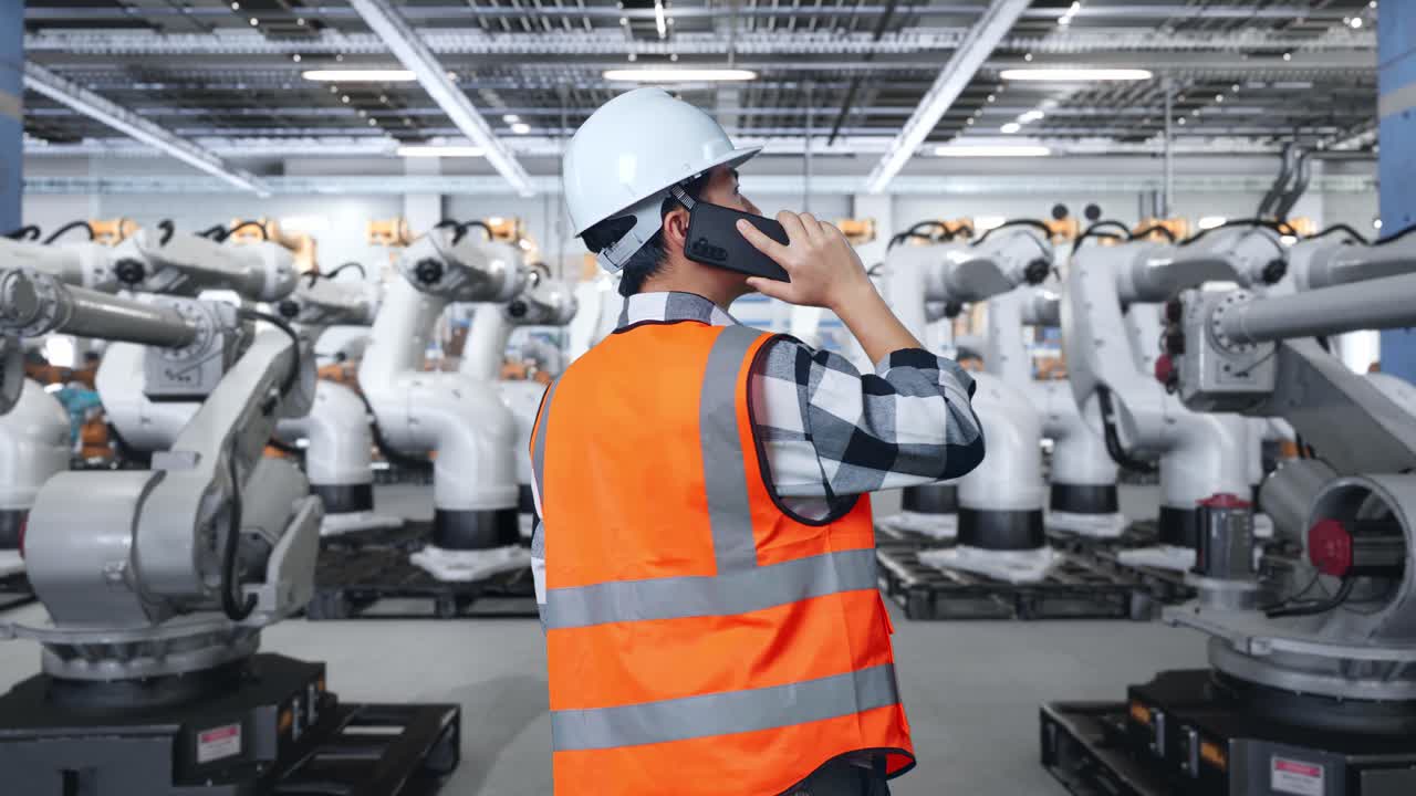 ingegnere che parla al telefono in una fabbrica con i robot