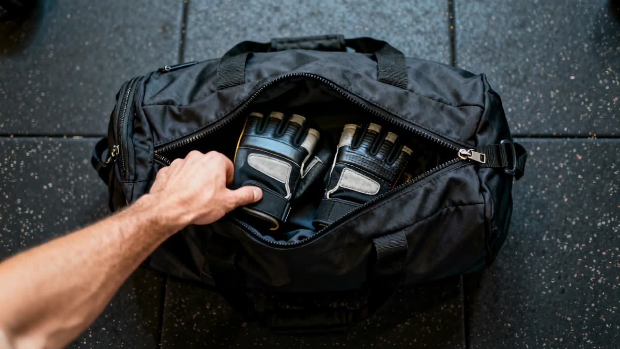 Un braccio con manica scura si allunga per sollevare e girare i guanti da una borsa nera sul pavimento della palestra, preparandosi per l'allenamento.