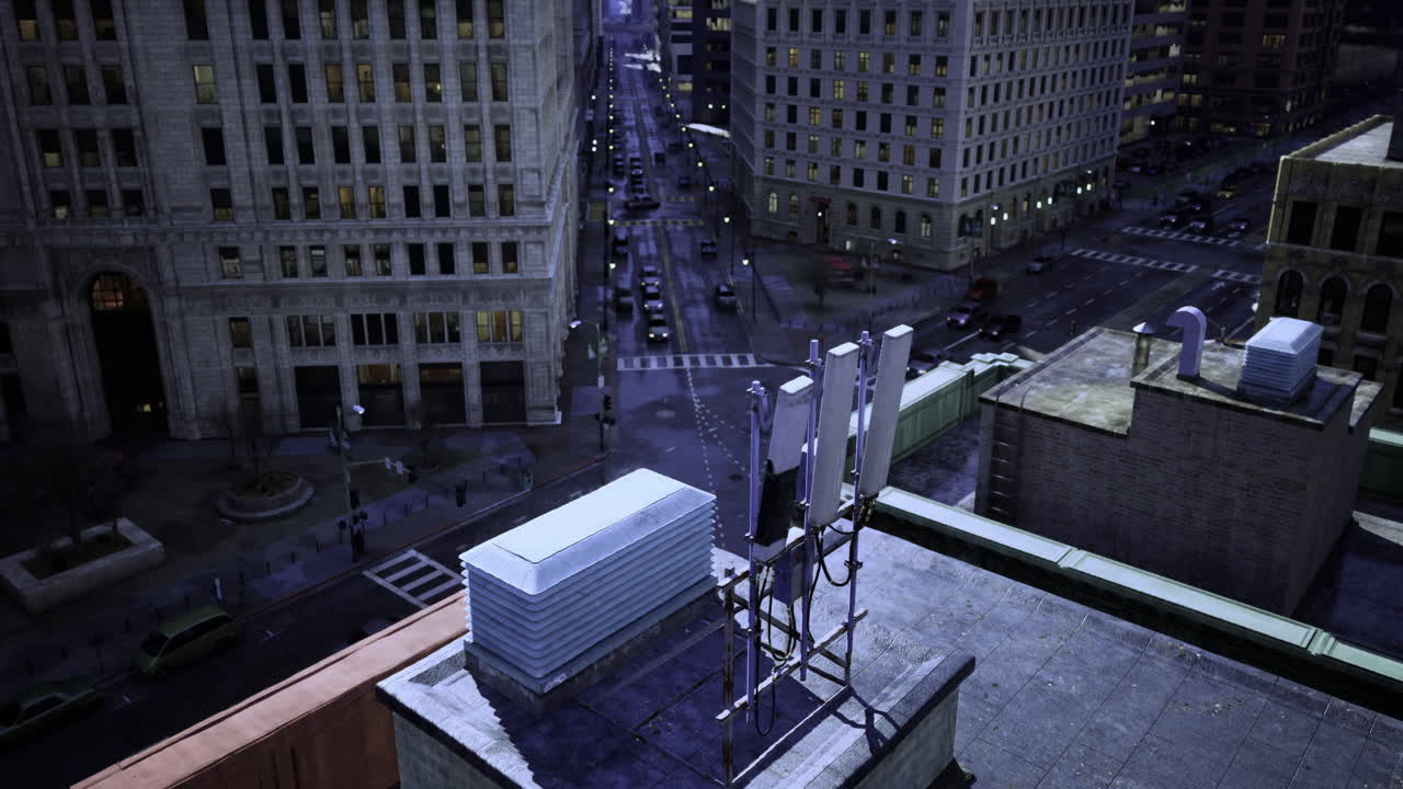 Urban Cityscape at Night with Telecommunications Equipment