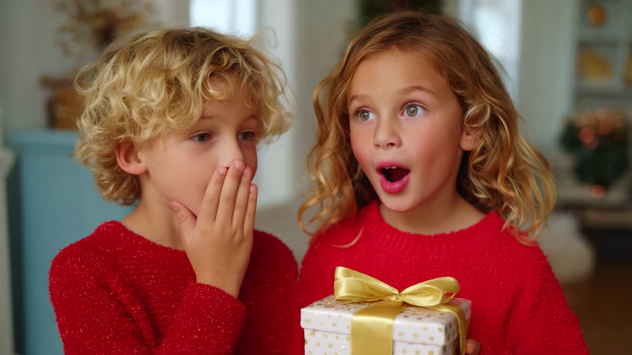 Exciting Moments of Surprise: Two Children Unwrap a Gift Together, Eager Expressions Show Their Anticipation and Joy During the Holiday Season Full of Magic and Wonder