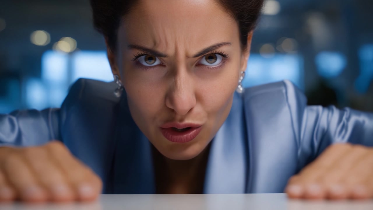 Primo piano intenso di una donna che mostra rabbia e frustrazione, catturando emozione grezza e tensione in un ambiente professionale con illuminazione drammatica.