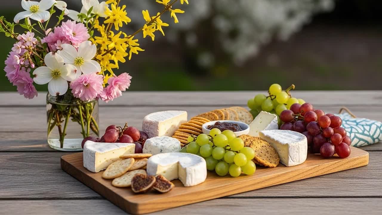 A Beautifully Arranged Cheese and Fruit Platter Surrounded by Vibrant Flowers, Perfect for Outdoor Gatherings and Celebrations in the Warm Sunshine