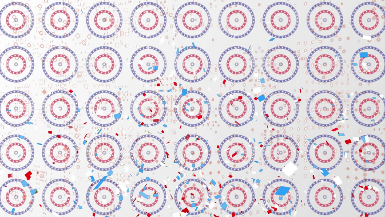 화려한 콘페티가  ⁇  배경에 회전하는 원 위에 여러 개의 별을  ⁇ 고 떨어집니다.