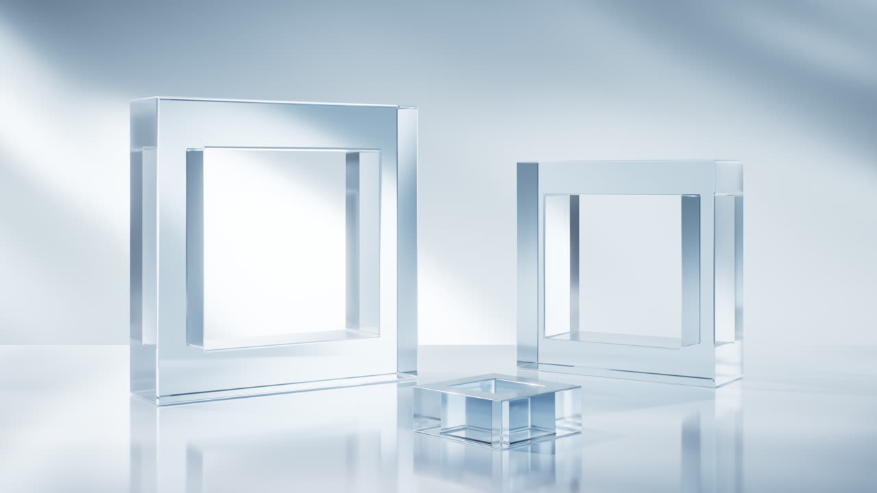 Transparent blue glass geometries background, 3d rendering