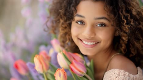 young woman smiling with a beautiful bouquet of tulips
