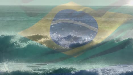 animación de la bandera de brasil soplando sobre las olas en el mar