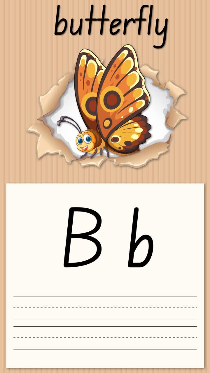 Un'animazione educativa dimostra come scrivere la lettera B usando un'illustrazione di farfalla e linee per la pratica della scrittura a mano.