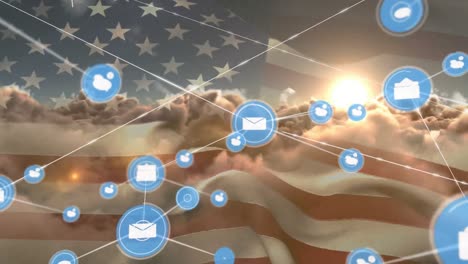 Animation-of-message-and-thought-icons-connecting-with-lines-over-flag-of-america-and-clouds