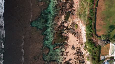 top view of a sandy beach with turquoise shoreline. aerial shot.