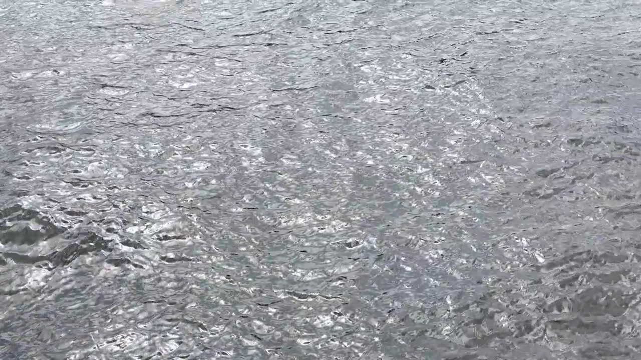 自然の湖の揺れるさざ波に銀色の太陽光が反射するハイアングルショット。