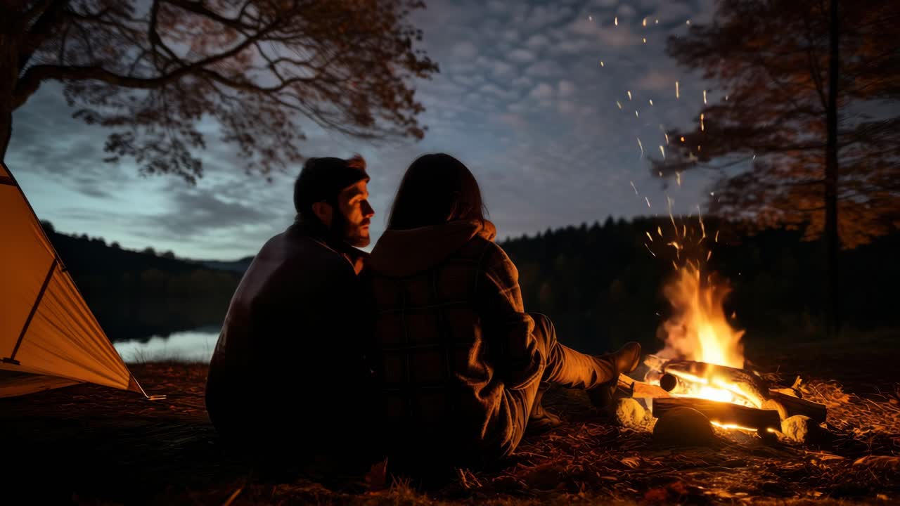 A cozy camping scene with two people by a fire under a starry sky