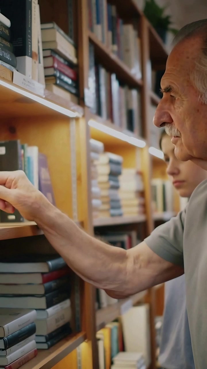 Video verticale: Anziano in polo che, vedendo il dorso di un libro, si allunga verso uno scaffale in libreria per scegliere un libro da leggere.